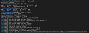 Pod는 Git에서 dockerfile을 checkout 한 뒤 도커 빌드를 수행하며, 그 결과를 도커 레지스트리에 push하는 예시화면 