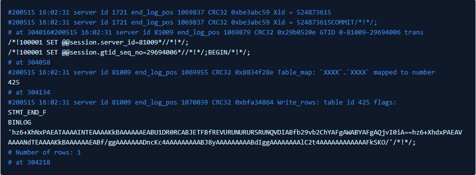 slave의 릴레이로그를 살펴보면 마스터에서 복제되는 트랜잭션들 중 server_id가 81009로 세션 변수로 설정된 상태로 들어오는 테이블들이 존재