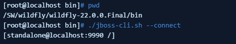 cli 접속 명령어 : ${WildFly_Home}/bin/jboss-cli.sh --connect