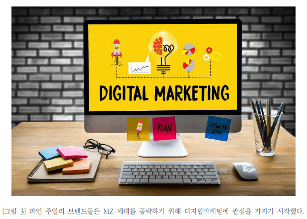그림3 컴퓨터 화면에 디지털마케팅이라고 적혀 있습니다. 하단에는 다음 설명 문구가 있습니다. 파인 주얼리 브랜드들은 MZ 세대를 공략하기 위해 디지털마케팅에 관심을 가지기 시작했다. 