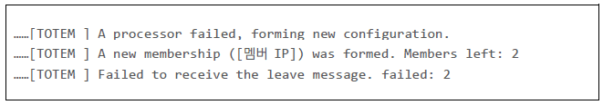 클러스터 노드 상태에 변경이 있을 때 발생하는 메시지입니다. ....[TOTEM] A processor failed, forming new configuration. ....[TOTEM] A new membership ([멤버IP]) was formed. Members left:2 ....[TOTEM] Failed to receive the leave message. failed: 2